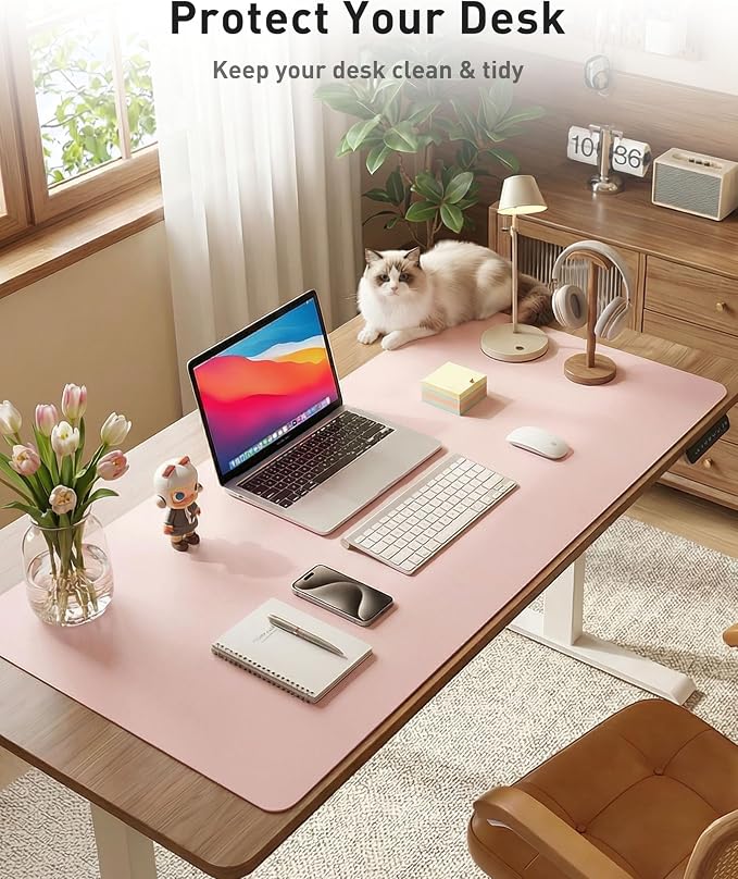 Aothia Faux Leather Desk Mat - Large Mouse Pad, Non-Slip PU Leather Blotter, Waterproof Writing Surface for Office and Home (Fairy Pink, 63" x 24")