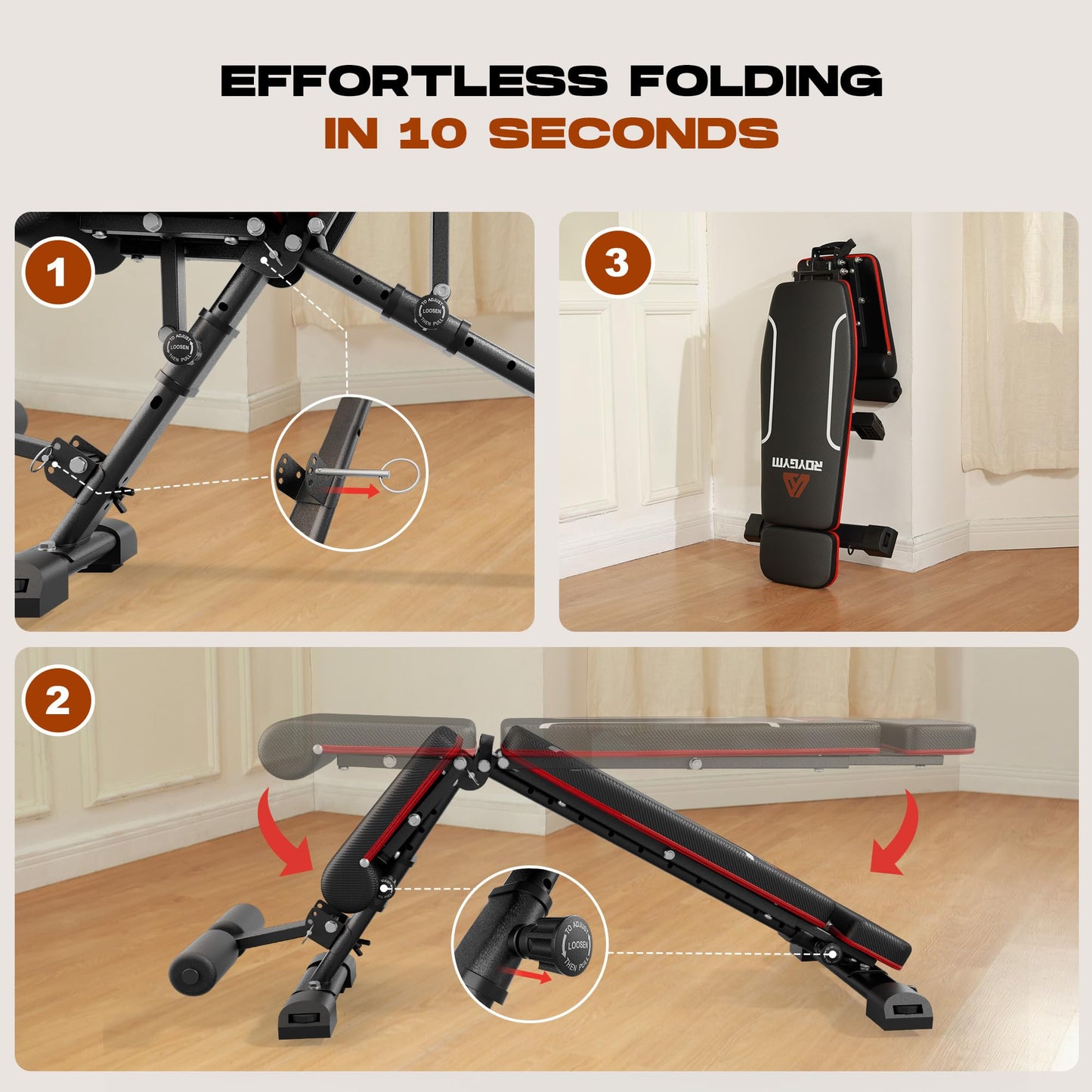 Roygym Adjustable Weight Bench, 880LB Foldable Workout Bench with Extended Headrest for Full Body Strength Training Bench Press, Incline Decline Bench with Folding