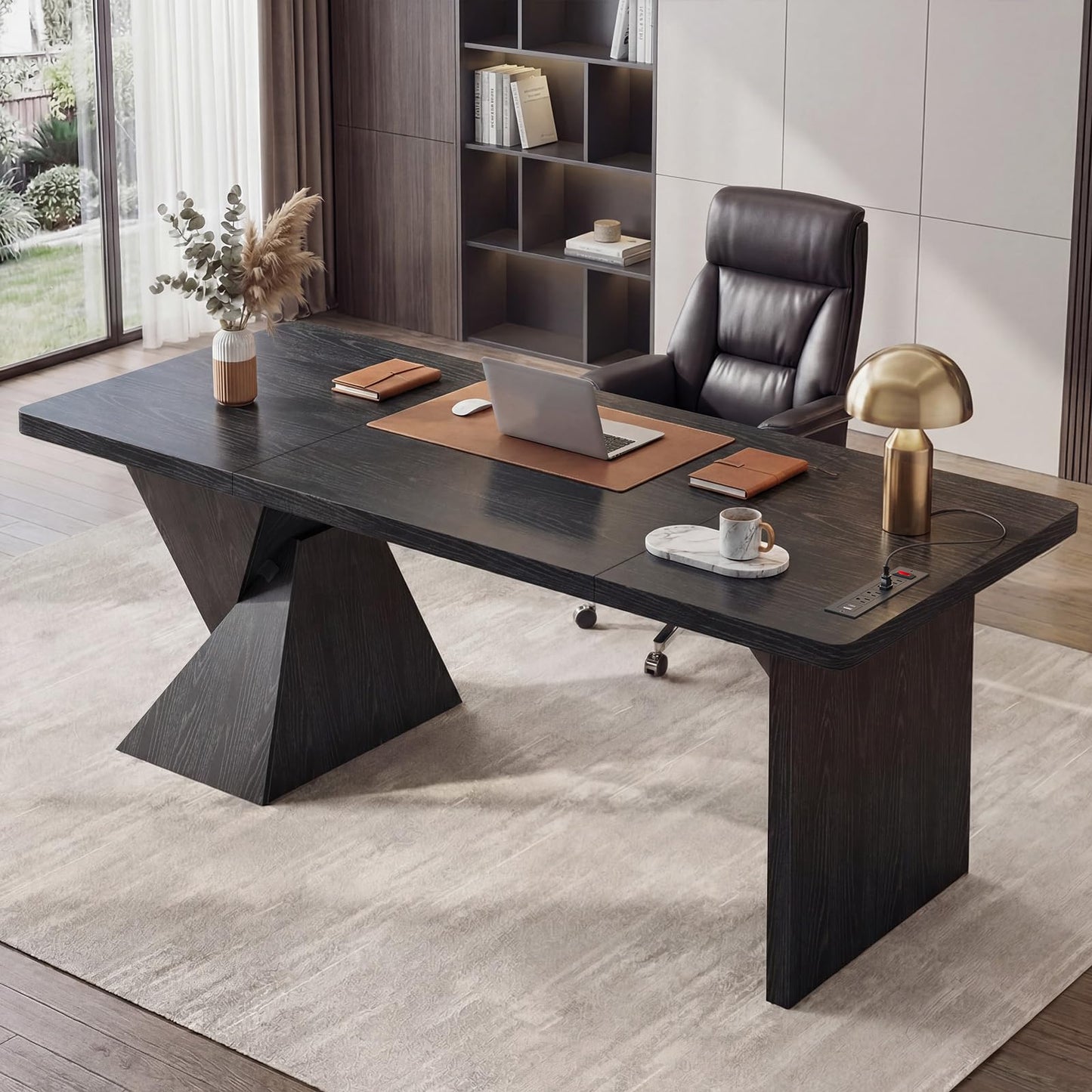 ANGRYWIN 70.9 Inch Executive Desk with Power Outlet, Large Home Office Desk, Modern Aesthetic Computer Writing Table Workstation Business Furniture (Black)