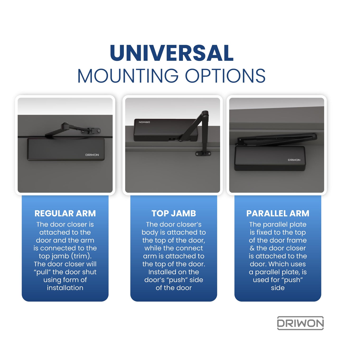 Commercial Extra Heavy Duty Hydraulic Door Closer - DRIWON DN-9500 Black -Sturdy Cast Iron Body, Steel Arm, Attractive Powder Coated Finish, Adjustable for High Traffic