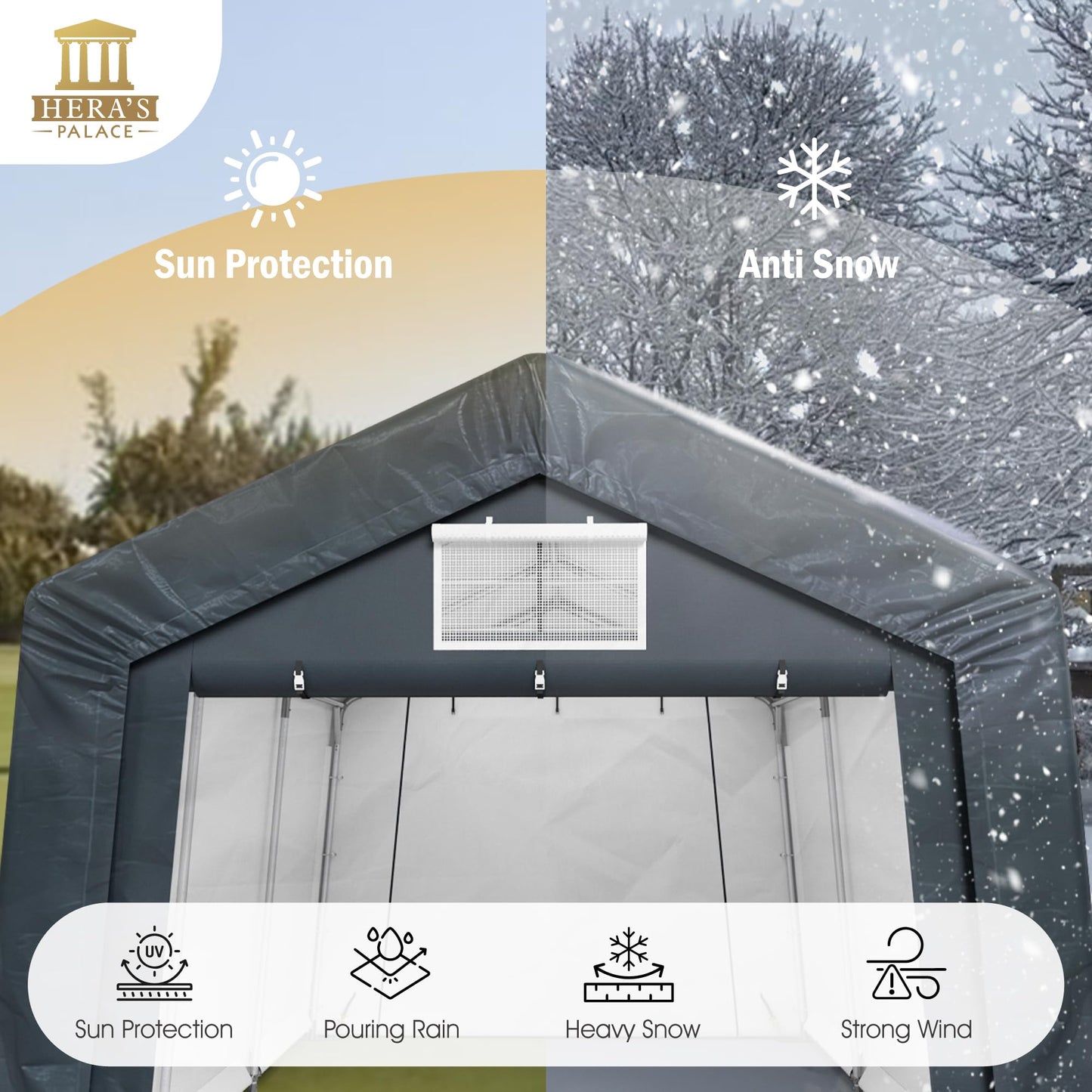 HERA'S PALACE 10x15ft Heavy Duty Carport Storage Shed Outdoor Anti-Snow Portable Canopy Shelter with 2 Doors Garage Tent for Motorcycle Garden Tools
