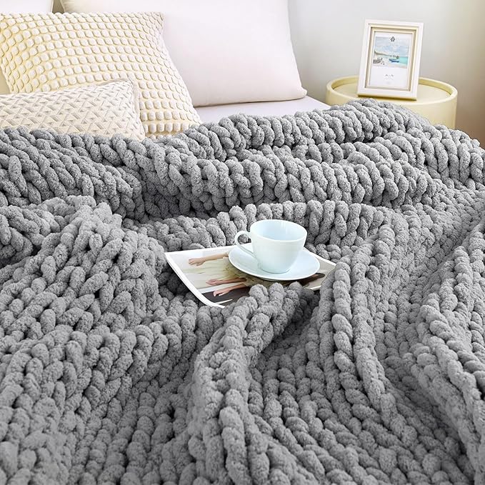 Admitrack Chunky Knit Blanket Throw, 100% Hand Knit Chenille Throw Blanket for Sofa & Home Decor, Soft and Cozy Knitted Throw Blankets (Dark Gray，51"x63")
