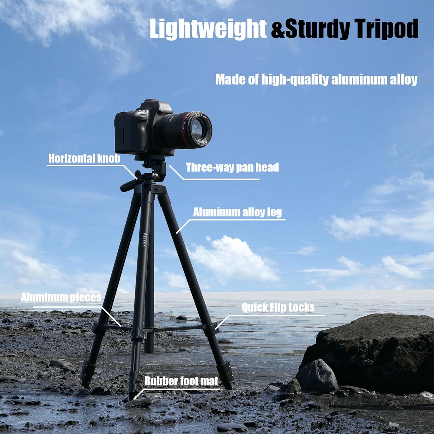 Auleda 71 6.6 LB Camera Tripod Aluminum Tall Tripod Stand Compatible with Canon Nikon with Wireless Remote Phone Holder