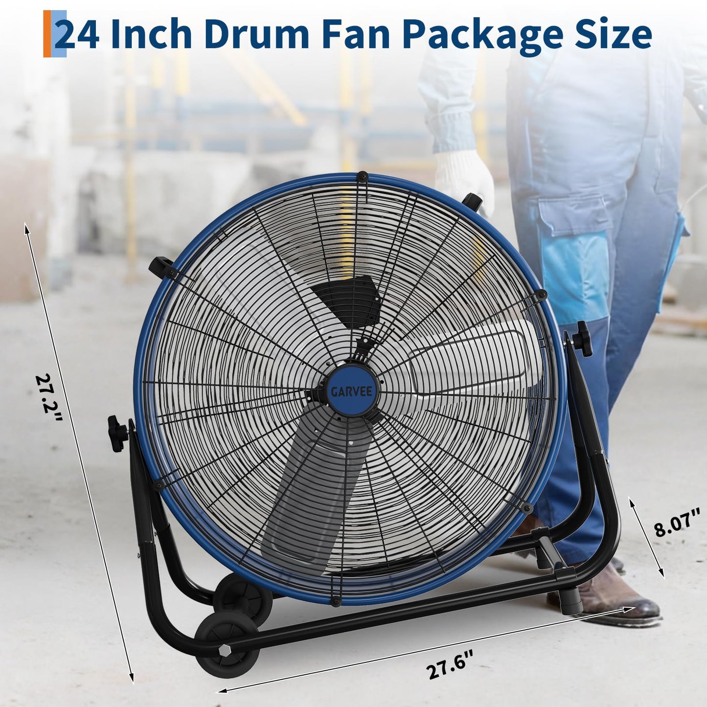 MilleLoom 24 in High Velocity Drum Fan, Heavy Duty Industrial Floor Fan with Adjustable 3 Speed 4800-8800 CFM Cooling, for Industrial Commercial Space Garage, Metal Blades/360° Rotation, Blue