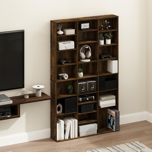 Furinno Jaya DVD Shelf - 24-Shelf Media Rack with Adjustable Shelves | Amber Pine, Easy Assembly