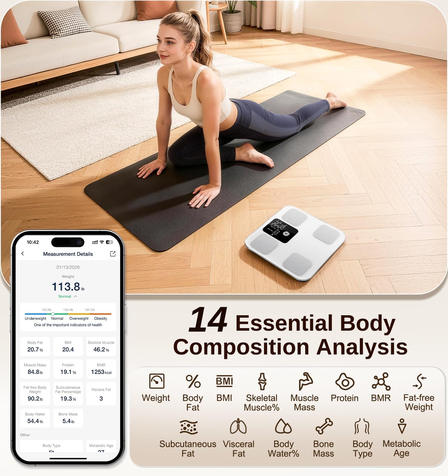 GE Smart Scale for Body Weight: Body Fat, BMI, Digital Bathroom Scale - 14 Body Composition Analyzer Health Monitor, Highly Accurate Bluetooth Weighing Scale with App 400 lb, 11 Inch