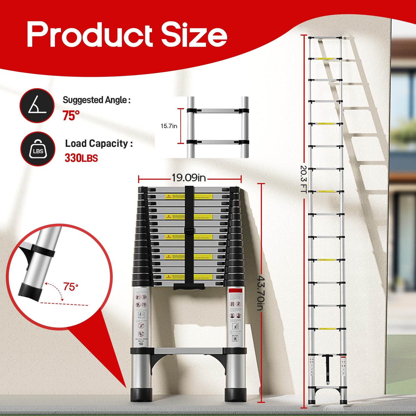 SEEKNEW Telescoping Ladder 20.3 FT, Aluminum Extension Ladder, 330 lbs Capacity with Triangular Stabilizers, Portable Collapsible Ladder for Roof, Home and RV; Silver