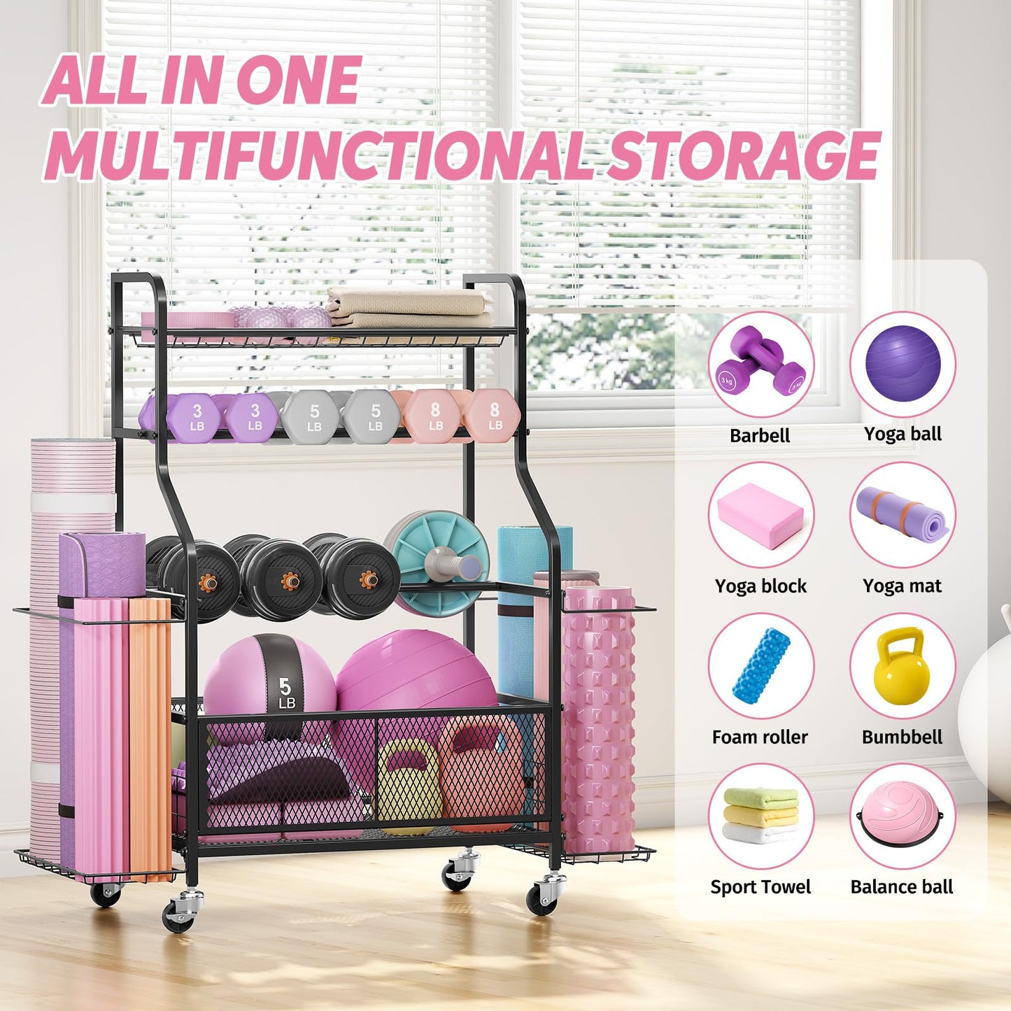 Dumbbell Rack with Wheels, Weight Rack for Dumbbells, Home Gym Storage Organizer for Kettlebells, Yoga Mats, Balls & Workout Equipment, Heavy Duty Steel Gym Storage Rack with Hooks, Black
