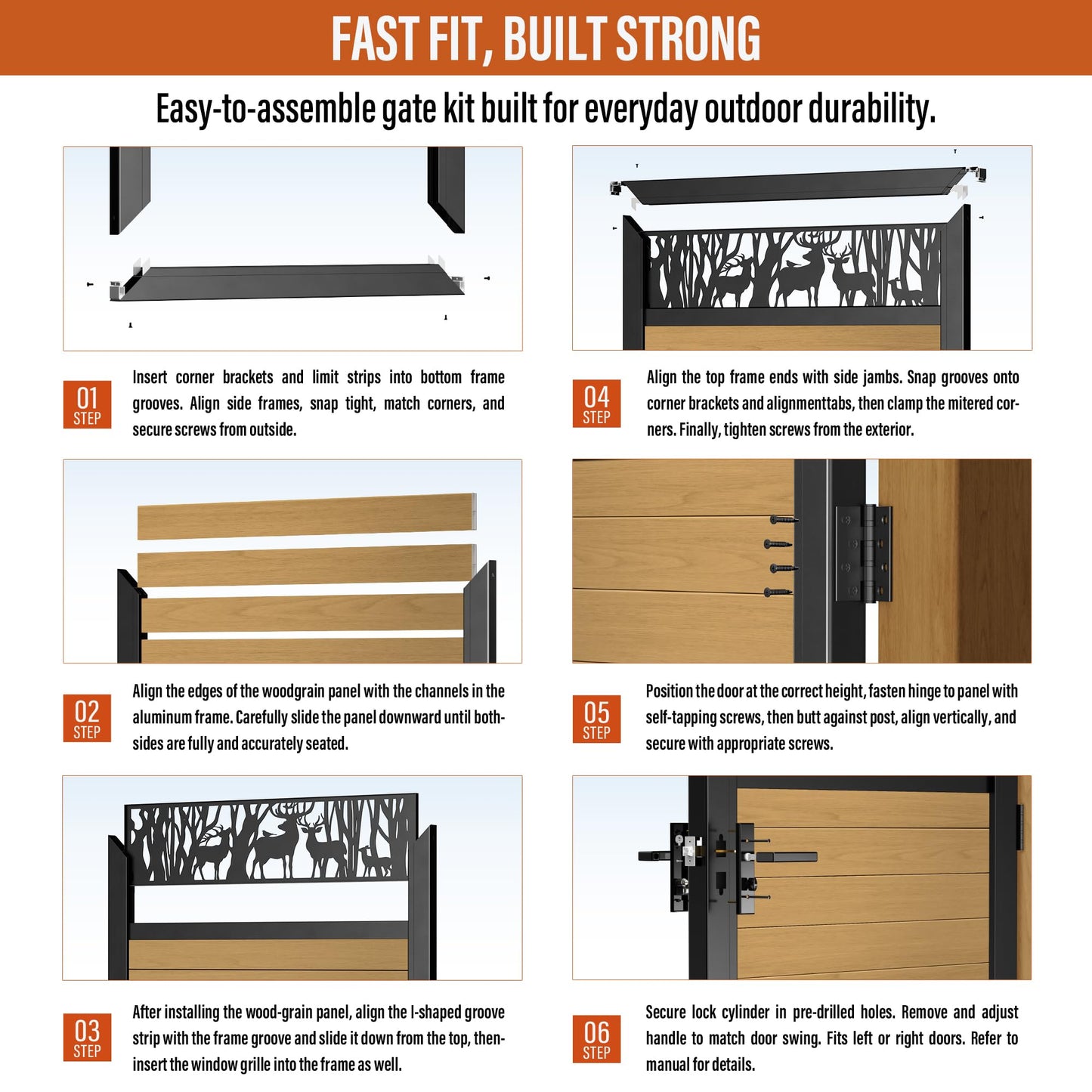 TORMIZ 4x6 FT (46.8"x70.8") All-Aluminum Fence Gate Kit with Wood-Grain Panels – Heavy Duty Anti-Sag Metal Gate Frame, Pre-Installed Left/Right Mount (All-in-One Kit, Panels Included)