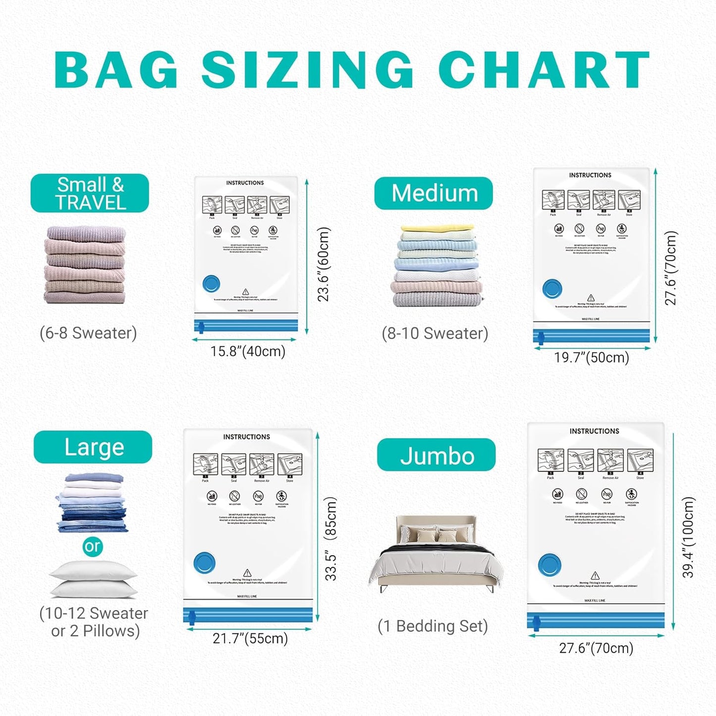 Skiennix Vacuum Seal Bags - 15 Pack Space Saver Storage for Clothing & Travel | Includes Hand Pump