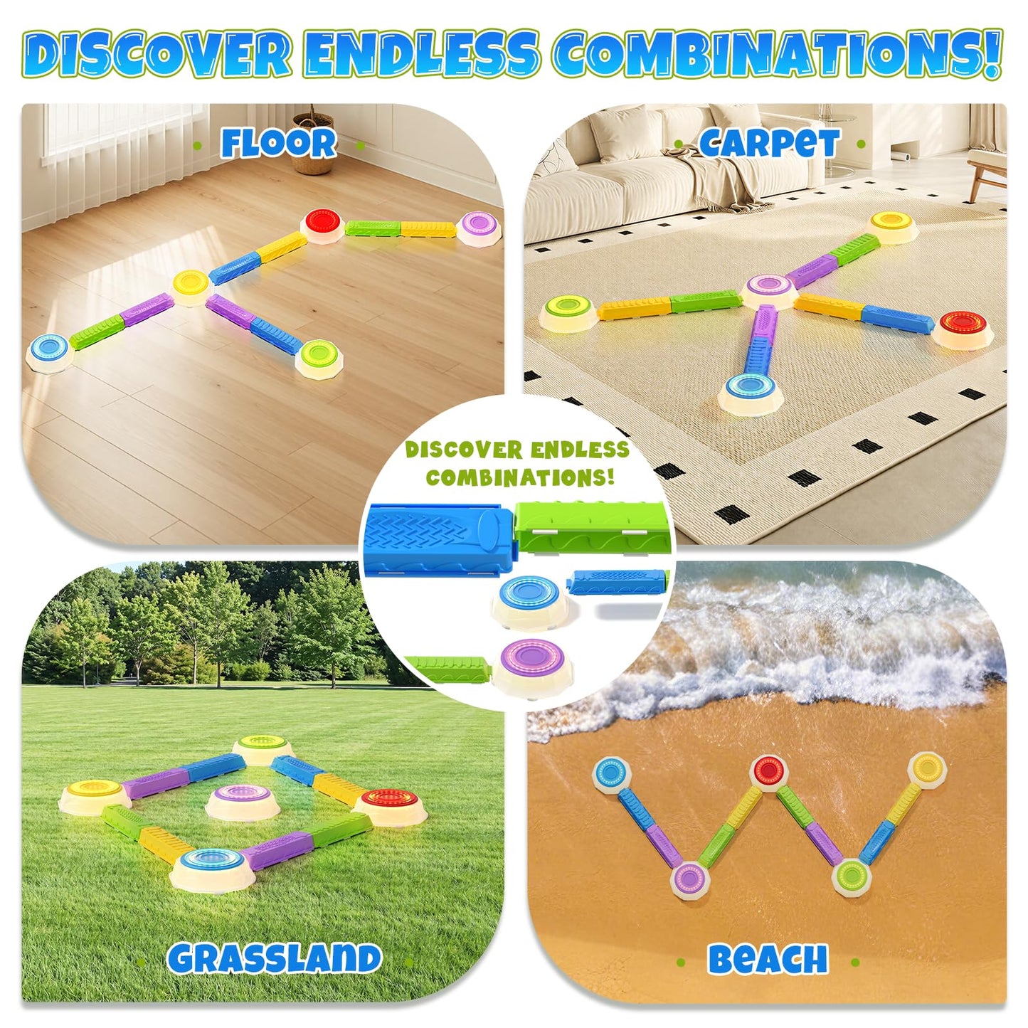Wee Wonders Light Up Stepping Stones & Balance Beam for Kids, Step Stones with Piano Music, Game Spinner & 30 Cards, Non-Slip Sensory Obstacle Course Toys, Indoor Outdoor Gifts for Toddlers 3-5