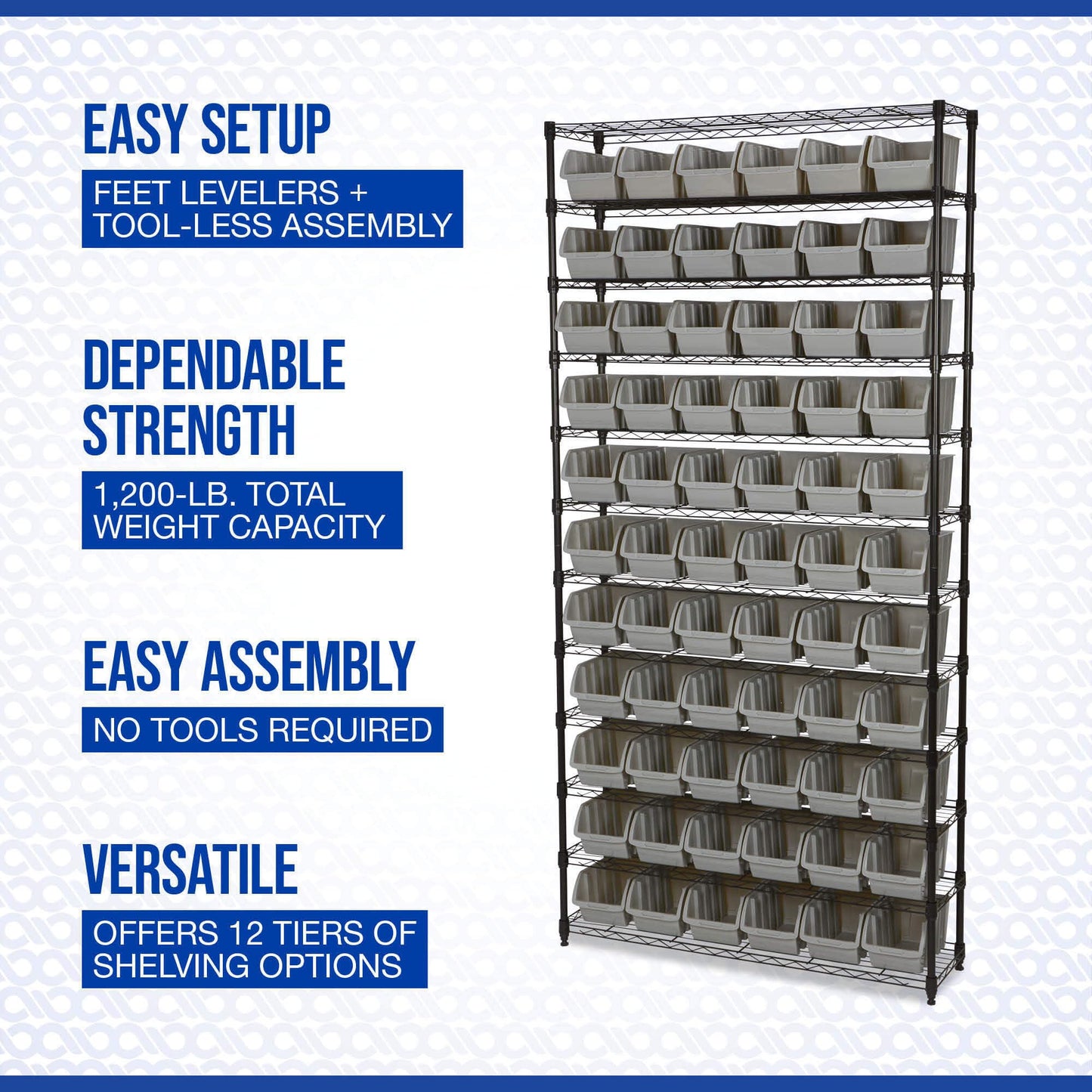 Strongway 12-Tier Single Side Wire Shelving Unit with 66 Bins - 39.5in.L x 16in.W x 80.5in.H