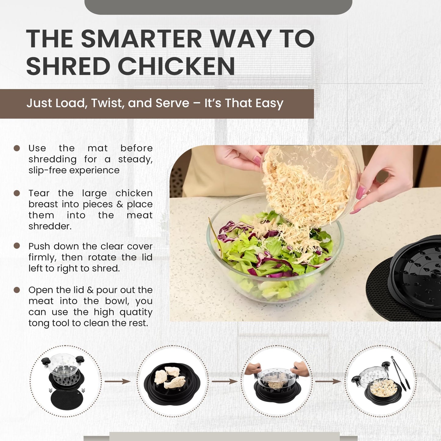 Prepmate Chicken Shredder, Heavy Duty Highly Durable Chicken Shredder Tool Twist, Meat Shredder Machine, BPA Free, Strong Anti-Slip Mat & Tongs, Dishwasher Safe, Suitable for Pork Beef Chicken