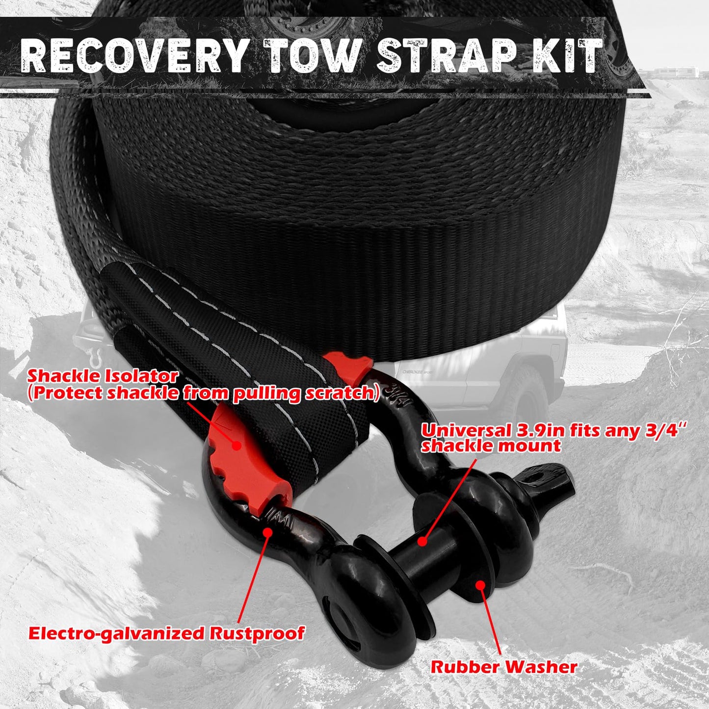 Handfly Offroad Recovery Kit, 3" x 30 ft Tow Recovery Strap, 1pcs Hitch Receiver, 2pcs 3/4" D-Ring Shackles with Storage Bag for Truck Jeep SUV ATV