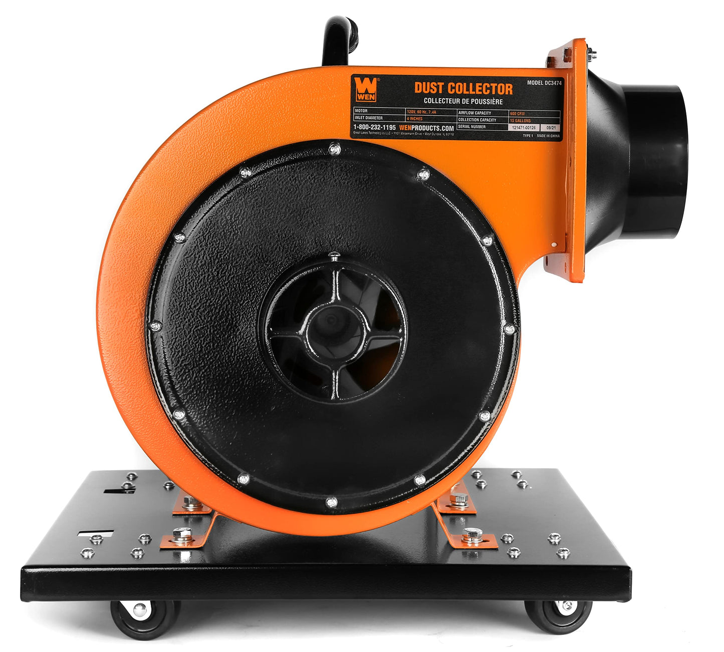 WEN Woodworking Dust Collector, 7.4-Amp Induction Motor with 15-Gallon Bag, Mobile Base, and Optional Wall Mount (DC3474)