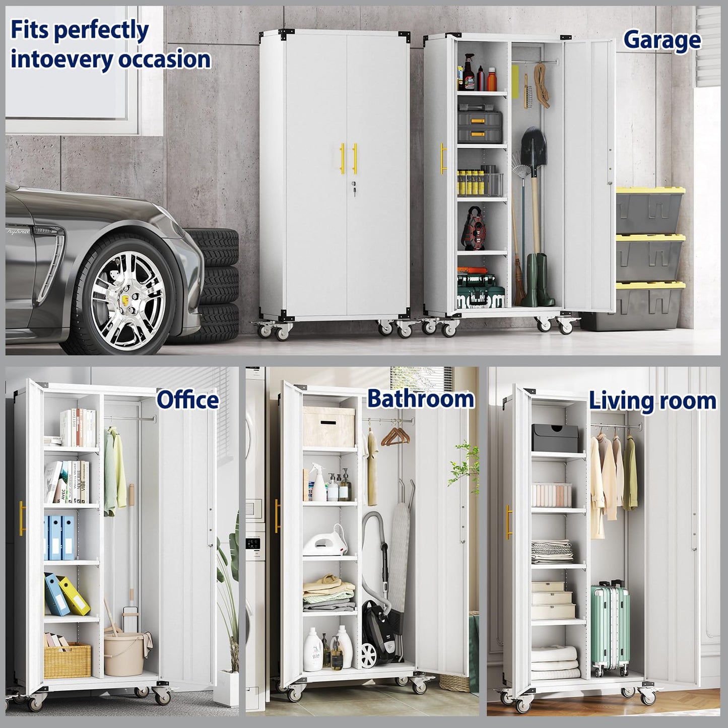erosoei 71" Broom Storage Cabinet, Cleaning Tool Storage Cabinet, Garage Utility Storage with Hooks and Hanging Rods, Heavy Duty Garden Tool Organizer, for Home, Garage, Laundry Room, Gym, Workshop