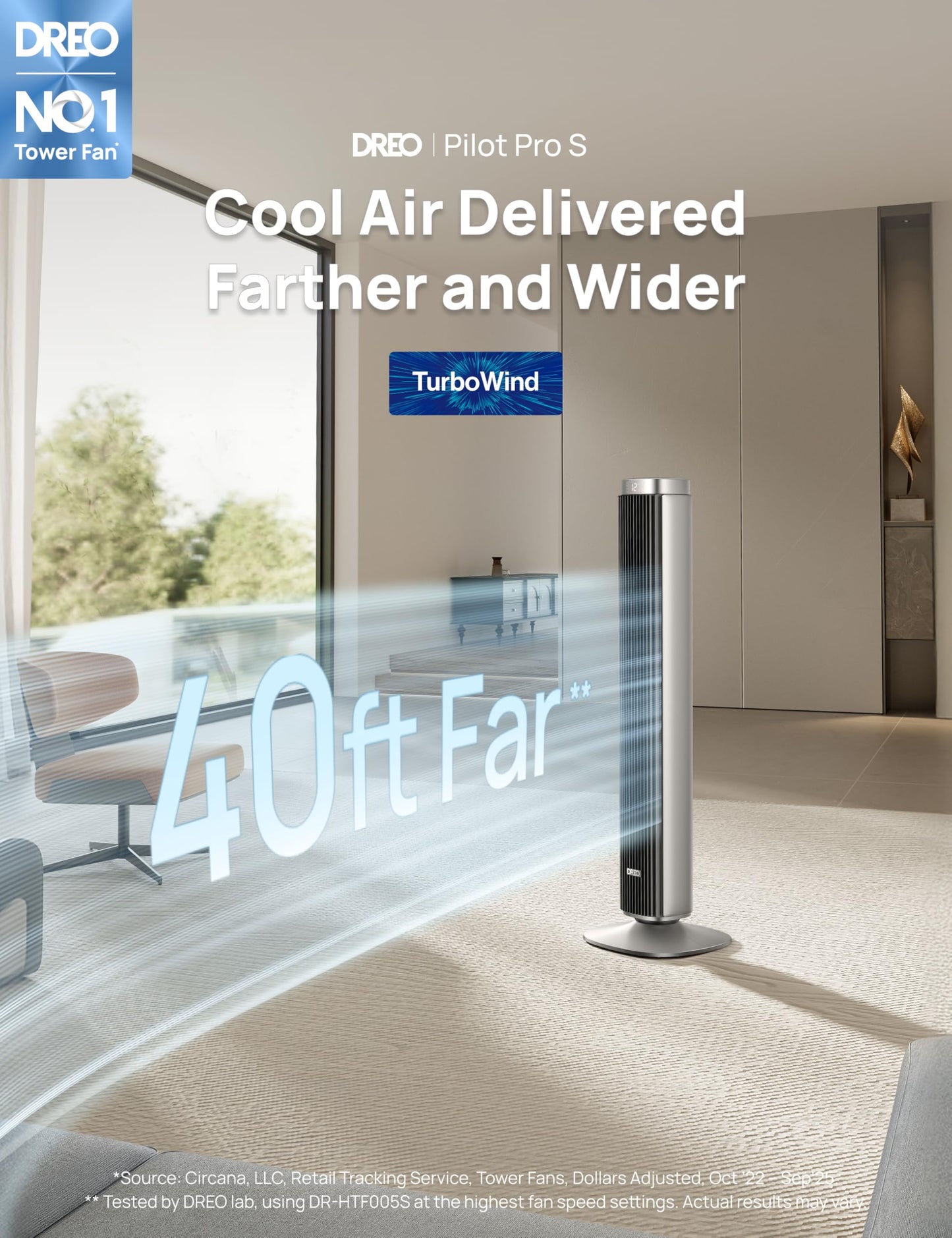 DREO Tower Fan for Bedroom, Standing Oscillating Fan with 40ft Far Airflow, 20dB Quiet, 12 Speeds, 28ft/s Velocity, Smart Control, DC Motor, 42 inch, 90° Oscillation, 4 Modes, 12H Timer, Pilot Pro S