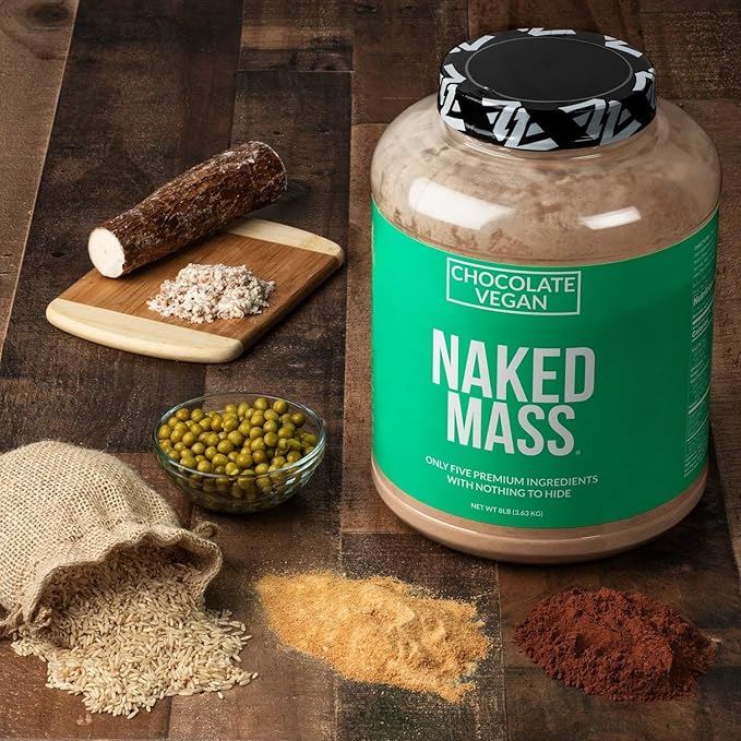 NAKED Vegan Mass - Chocolate Vegan Weight Gainer - 1,280 Calories, Non-GMO, Soy & Gluten Free, No Artificial Ingredients - 8LB Bulk - 11 Servings