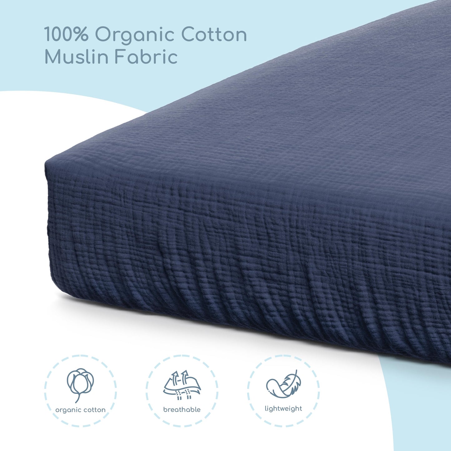 ROMY RO Muslin Crib Sheets, 100% Organic Cotton, Breathable and Ultra-Soft, Standard Crib Sheet Mattress (28"x 52") for Girls and Boys, Neutral Fitted Baby Crib Sheet (Navy)