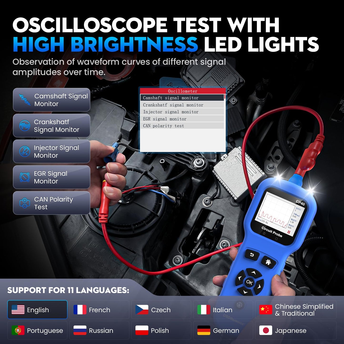 Automotive Circuit Probe Tester Kit All-in-One, 12 24V DC Car Circuit Tester Digital Multimeter Oscilloscope Fuel Injector Battery Tester, Auto Short Circuit Finder Resistance Relay Diode Fuse Tester