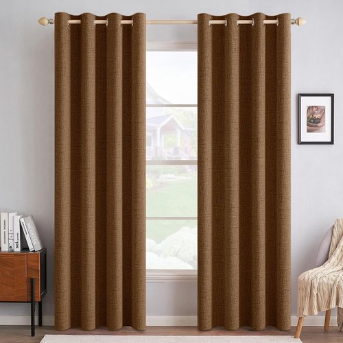MIULEE Blackout Linen Curtains - 100% Thermal Insulated Room Darkening Drapes | Brown, 52 x 72 Inch (2 Panels)