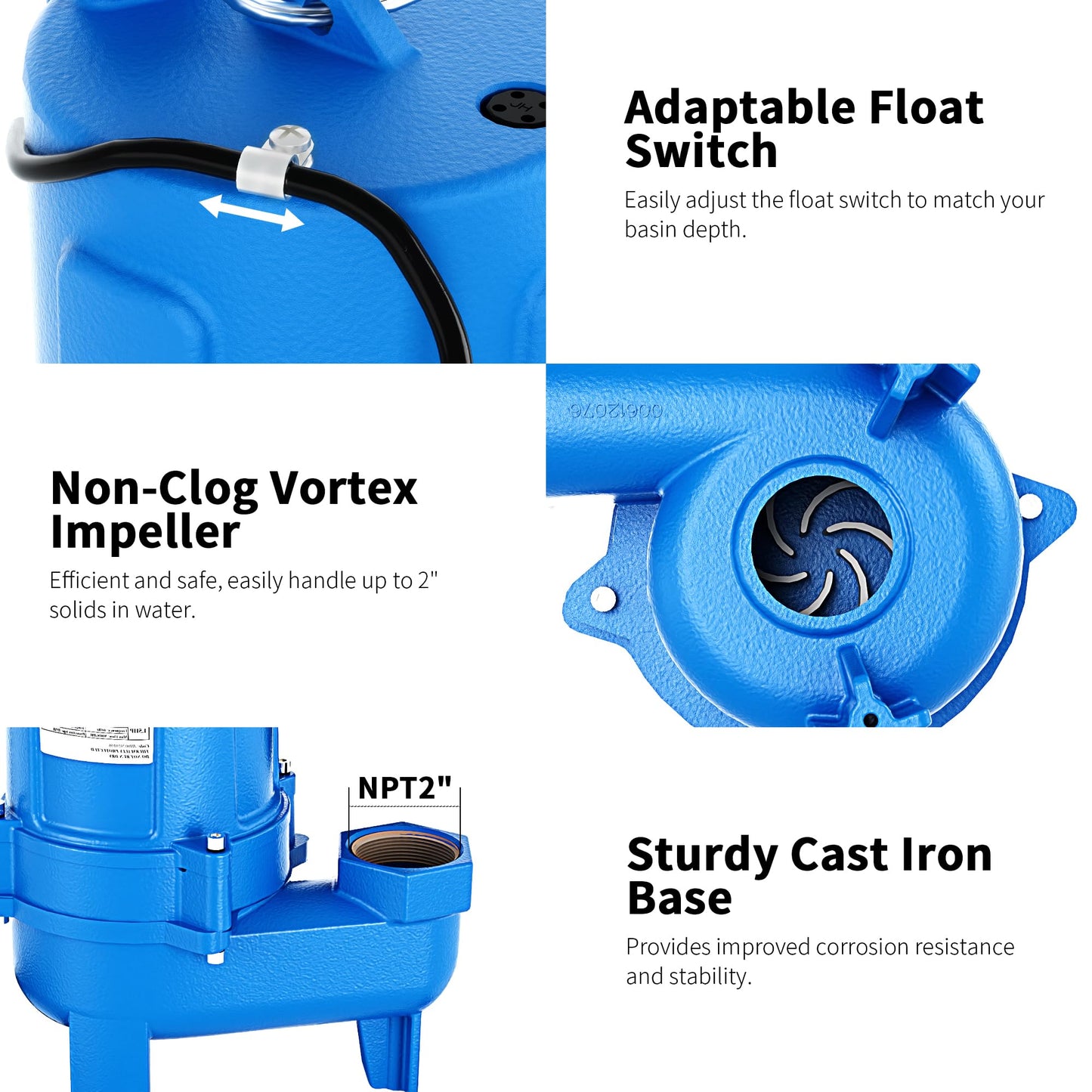 FOTING 1.5HP 9000GPH Sump Pump Submersible Sewage/Effluent Pump - Heavy Duty Cast Iron Automatic/Manual- Septic Pump for Sump Basin/Residential/Sewage/Basement,Sewage Pumps 2'' NPT Discharge,Blue