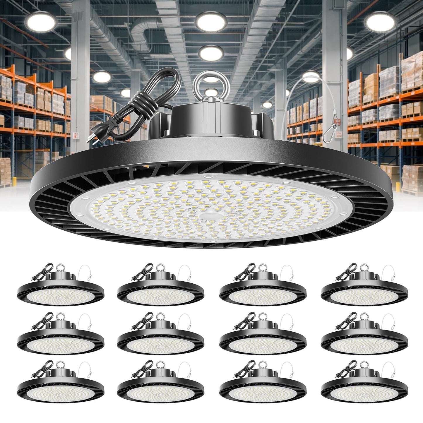 ONLYLUX Super Bright 200W UFO LED High Bay Light, 30000LM High Bay LED Shop Lights, 5000K UFO High Bay Lighting for Garage, IP65 Waterproof Non-Dimmable Shop Lights, 120V-277V Garage Light(12 Pack)