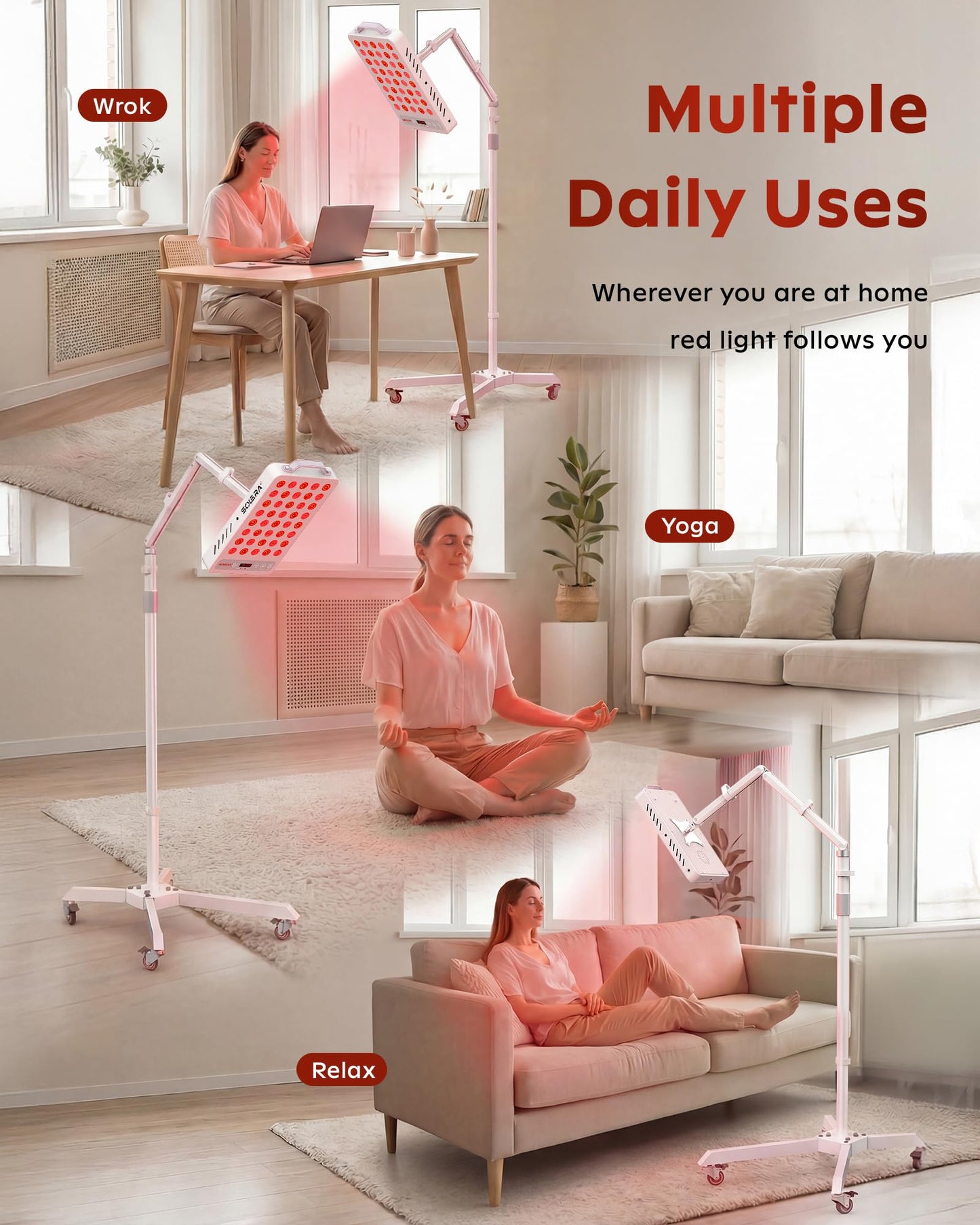 SOLRA SR40 Red Light Therapy Panel with Magnetic Mount & Floor Stand, 660nm 850nm Near Infrared LED Light Lamp for Face & Body, 200W Dual Chip, Adjustable Height, Low EMF, Timer, Home Use