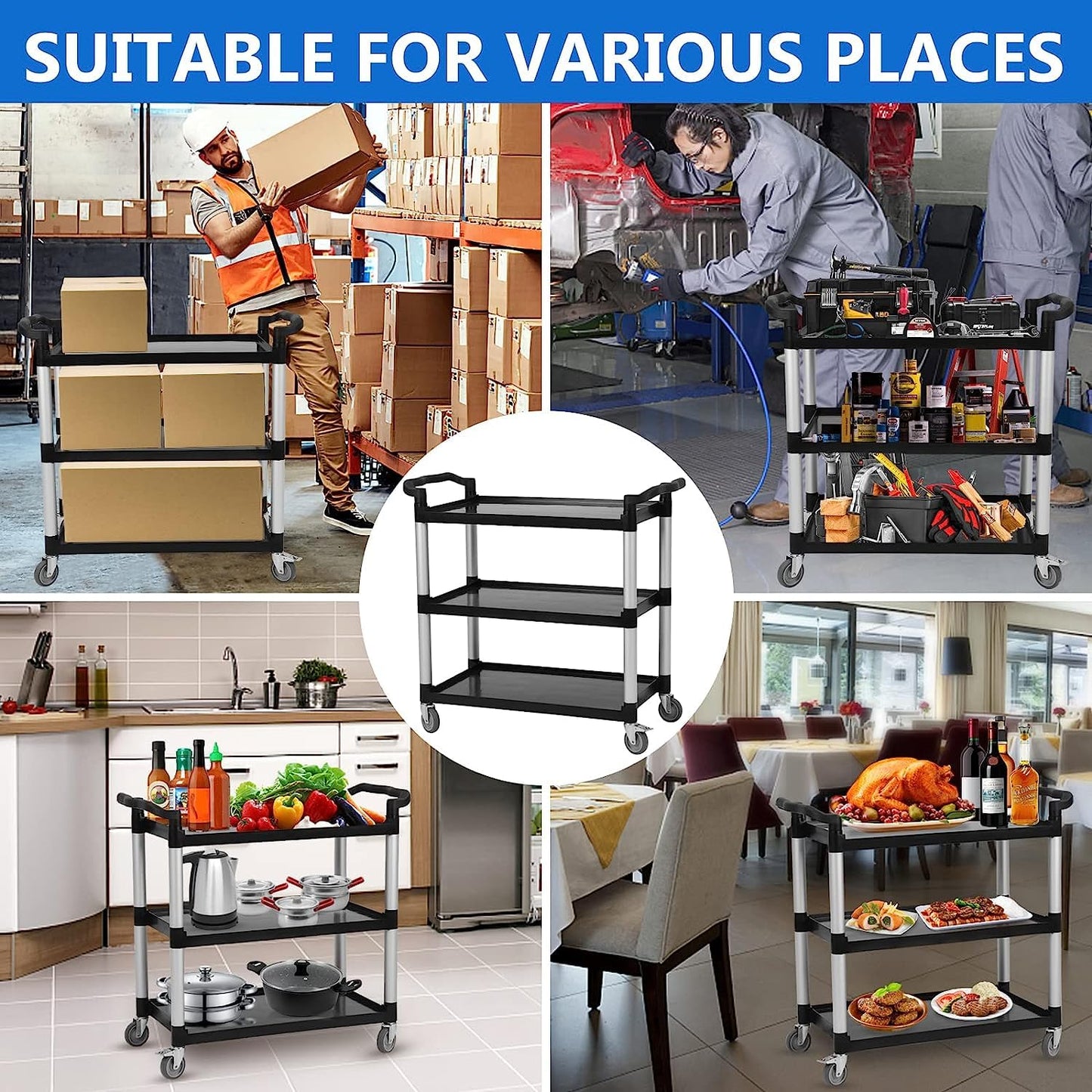 Utility Carts with Wheels, Heavy Duty 360lbs Capacity Rolling Service Cart, 3-Tier Restaurant Food Cart with Hammer for Office, Warehouse, Garage