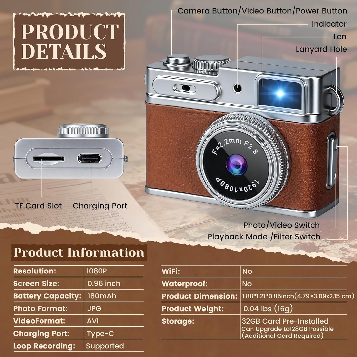 Tawd 1080P 32GB 0.96" Mini Keychain Camera - HD Retro Digital Camera, Compact with SD Card, HD Display, Portable Pocket
