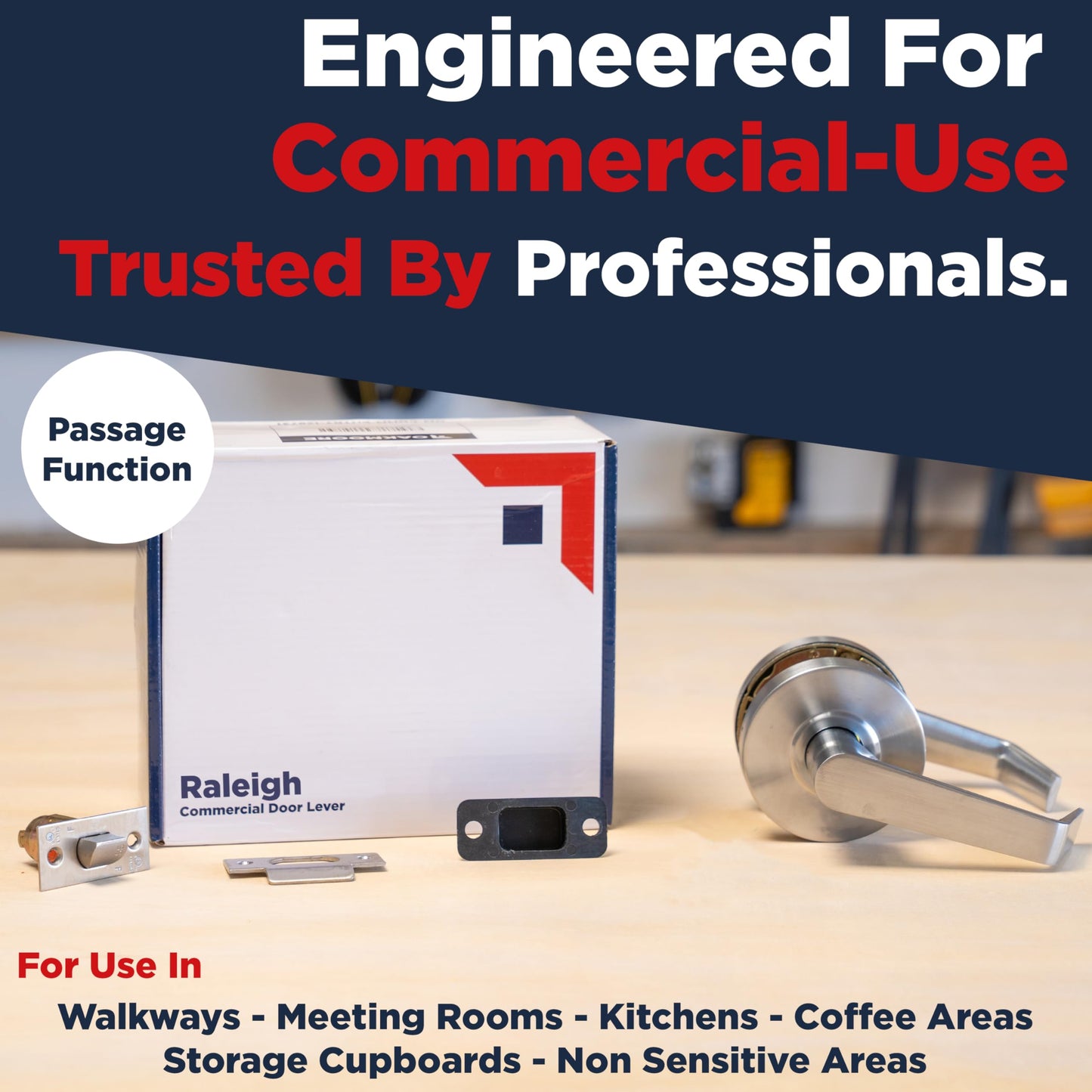 OAKMOORE Heavy Duty Commercial Door Handle | Passage Function | Grade 2 | No Lock/Key | for Meeting Rooms & Kitchens | Nickel Finish | C UL & ADA | ANSI A156.2