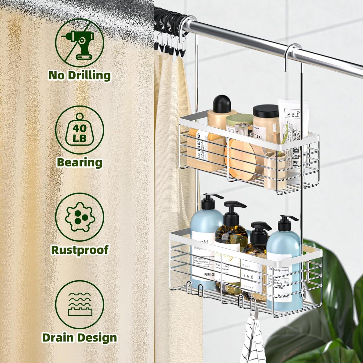 YUOROS Shower Caddy - 2-Tier Over-The-Door Organizer Rack | Rustproof 304 Stainless Steel, Silver Finish