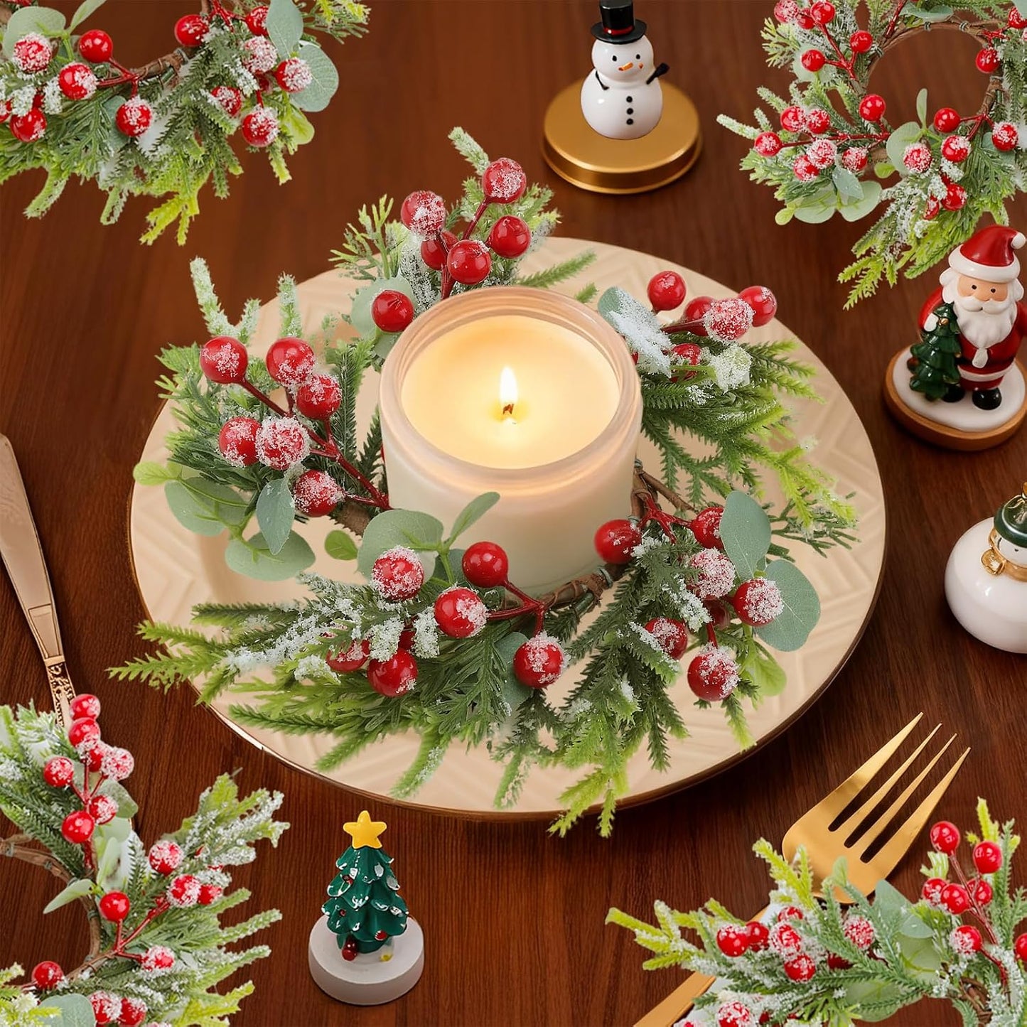 Skiennix Christmas Candle Rings - Mini Wreaths with Red Berries | 4-Pack 2.76-Inch Snowy Pine Decor