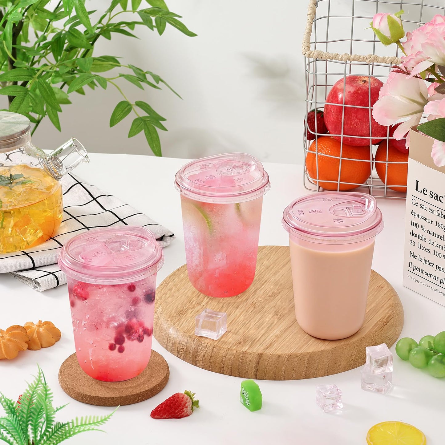 tchrules 100 Set 16oz Pink Plastic Cups with Sip Lids, Disposable Round Bottom Iced Coffee Cup with Lid Pink Clear To Go Drinking Cup Bulk for Cold Drinks Slushie Valentine Bachelorette Party Supplies