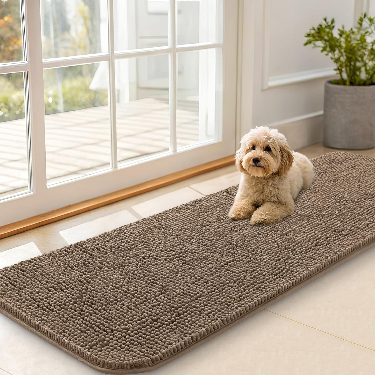 OLANLY Dog Door Mat - Absorbent Non-Slip Chenille for Muddy Paws | 59x20 Tan Indoor Entryway Carpet