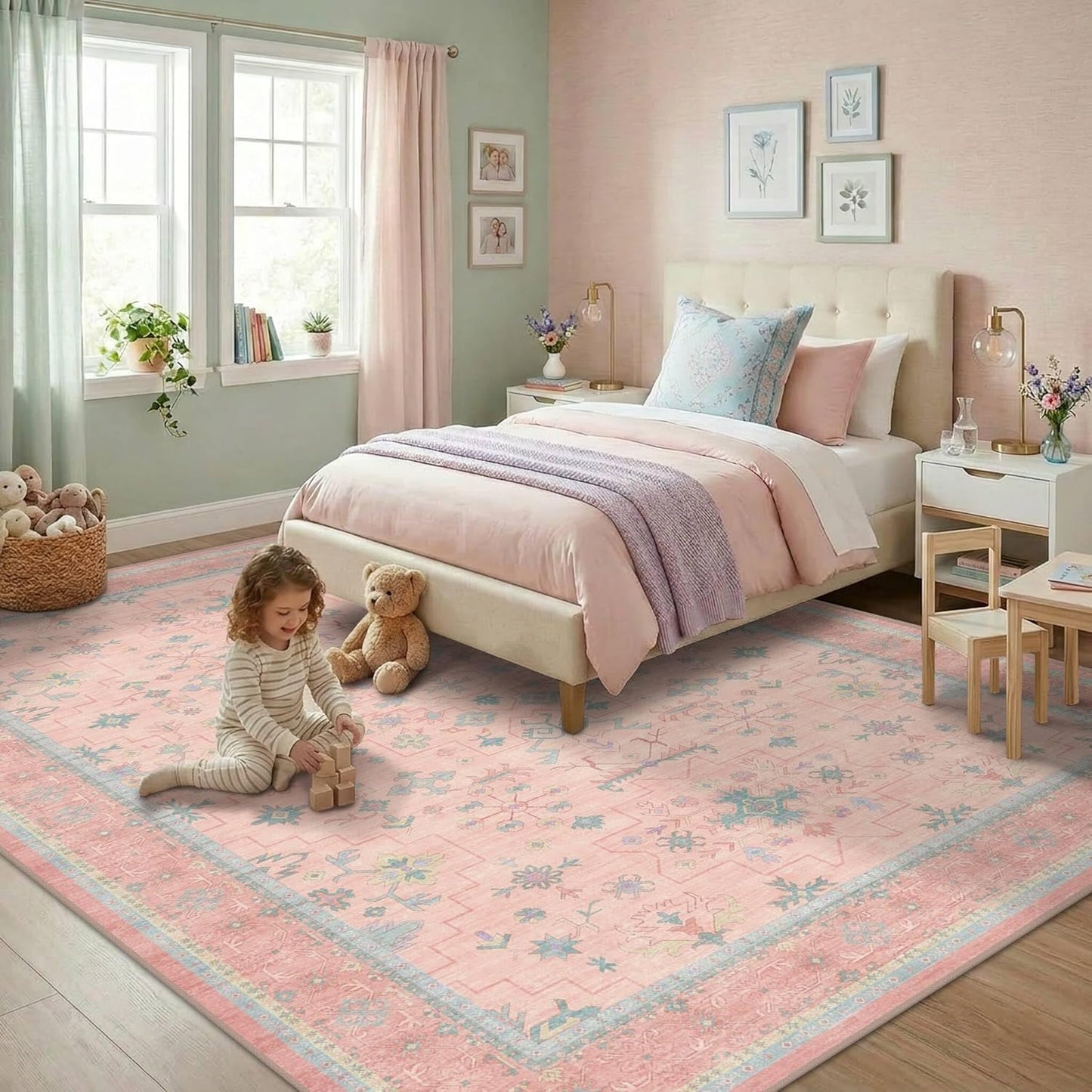 Oushak Rugs | Washable 8x10 Pink and Blue Floral Design | Soft Faux Wool, Non-Slip, Stain Resistant for Bedroom & Living Room