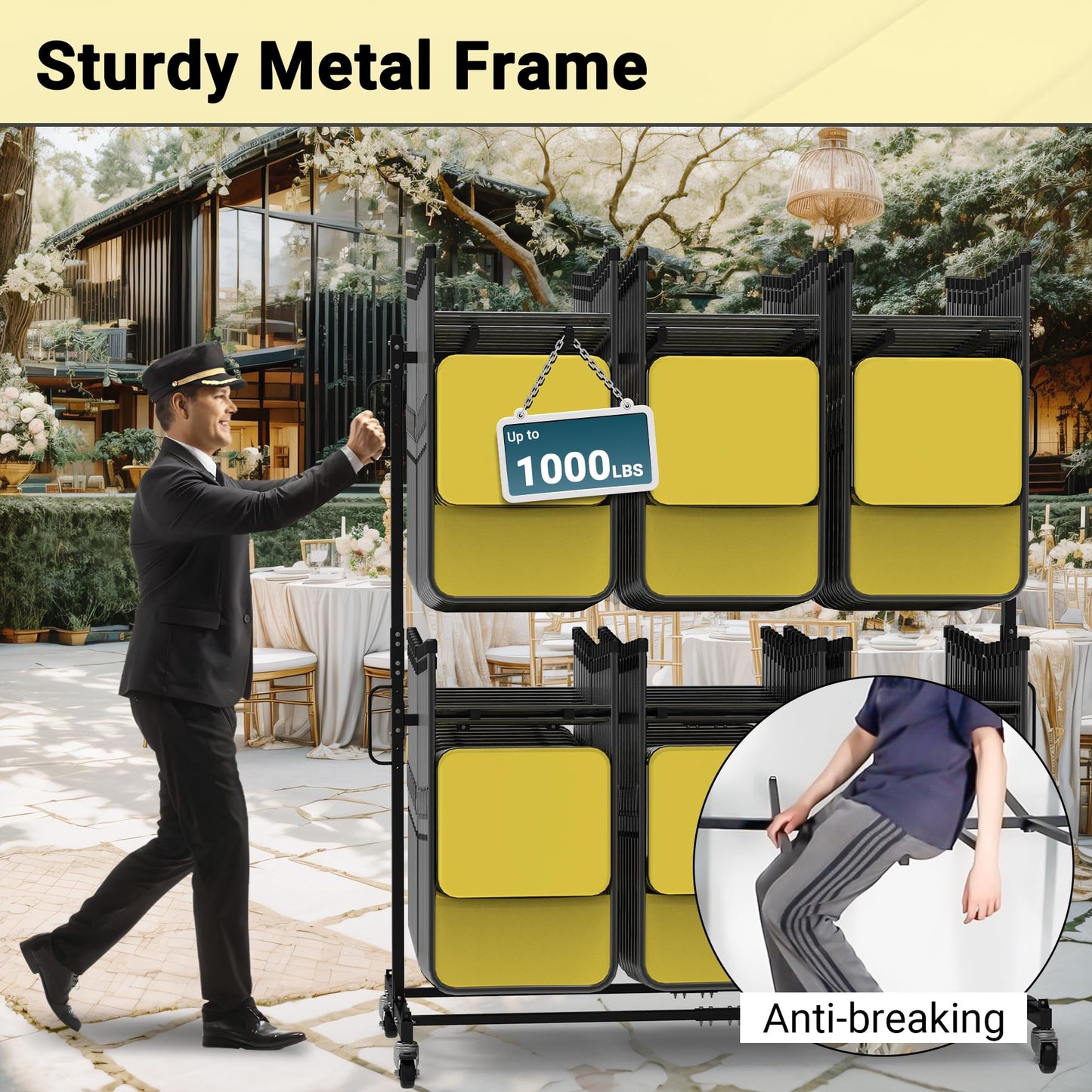 Eastrexon Updated Folding Chair Rack, Heavy-Duty Folding Chair Cart w/ 4 Swivel Wheels, Holds 12 Tables or 84 Chairs, Up to 1000 LBS Capacity, 2 Binding Ropes, 1 Dust Cover, 72“L x 33”W x 74”H, Black