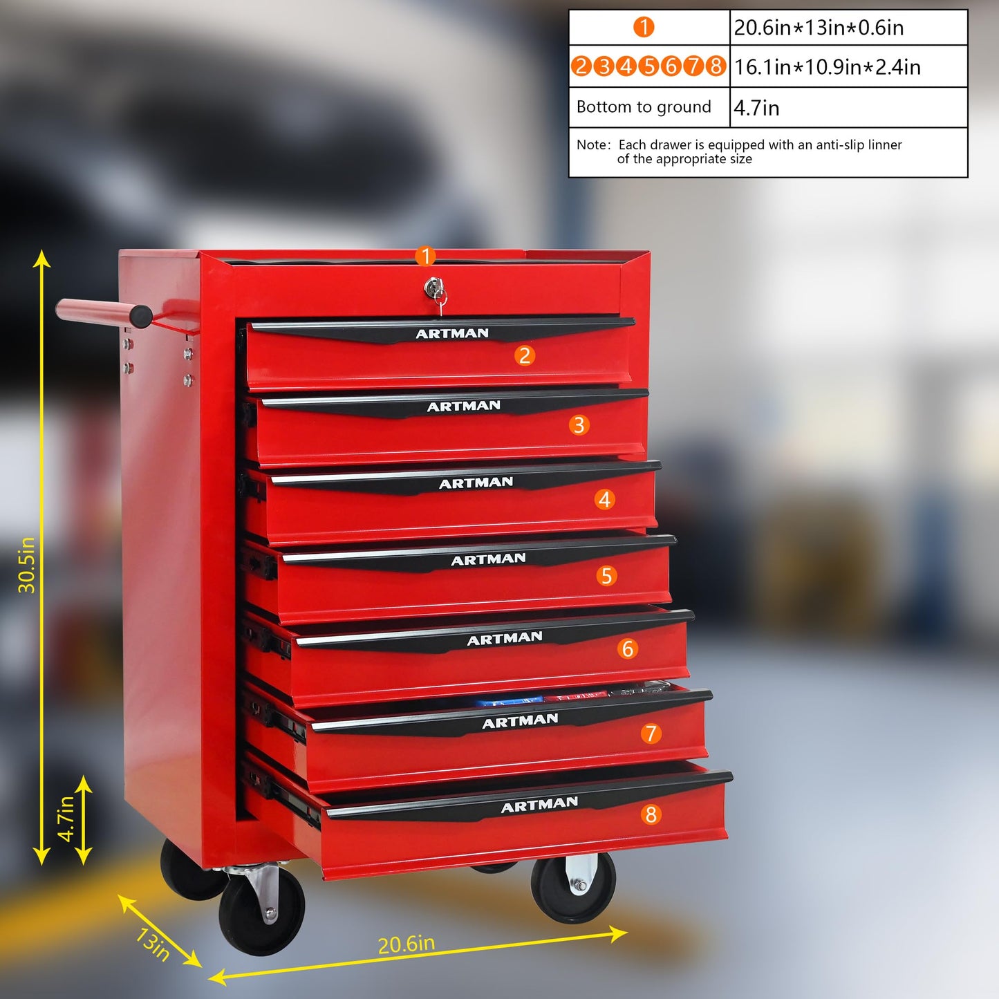 Thetilsy Rolling Tool Chest Cart with 7 Drawers,Storage Tool Cabinet on 4 Wheels. Lockable Tool Cart with Drawer Liners.Steel Tool Box Organizer for Garage,Repair Workshop-Red