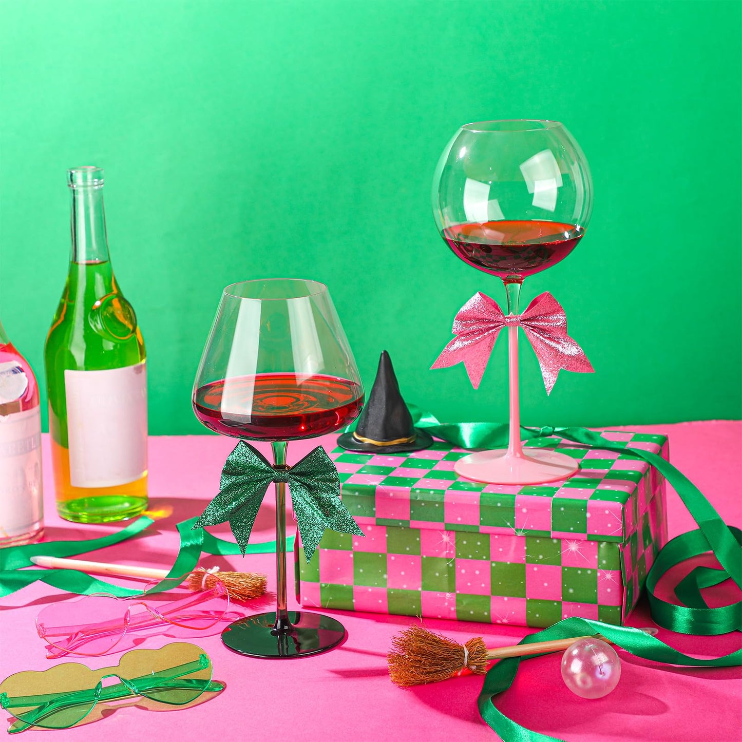 Honeydak 5 Pcs 18 oz Witch Pink Green Crystal Wine Glass Set Includes 2 Theme Wine Glass 2 Glitter Bows and 1 Designed Wrapping Paper for BFF Couples Witch Lover Musical Play & Movie Lovers Gift