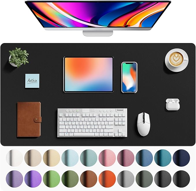 Aothia Faux Leather Desk Mat - Large Mouse Pad, Non-Slip PU Leather Blotter, Waterproof Writing Surface for Office and Home (Black, 40" x 24")