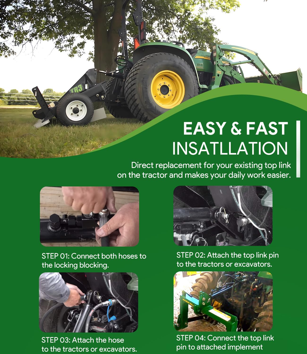 Hydraulic Top Link Cat. 1-1 (18 1/8” - 26 3/8”, 3/4" Hole) with Locking Block with 2 x Hose, SPH320032 2-Way Check Valve Hydraulic Cylinder for Tractor Excavators and Class 1& 2 Equipment