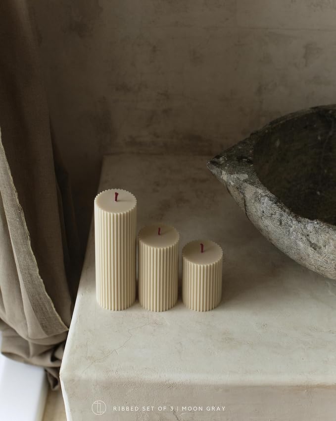 LAWA Roman Handmade Tall Ribbed Pillar Candle - Beautiful Scented Soy Wax Dinner Candle | Classic Aesthetic Decoration Set | Housewarming Gift | Home Room Shelf Decor Idea - Moon Gray (Set of 3)