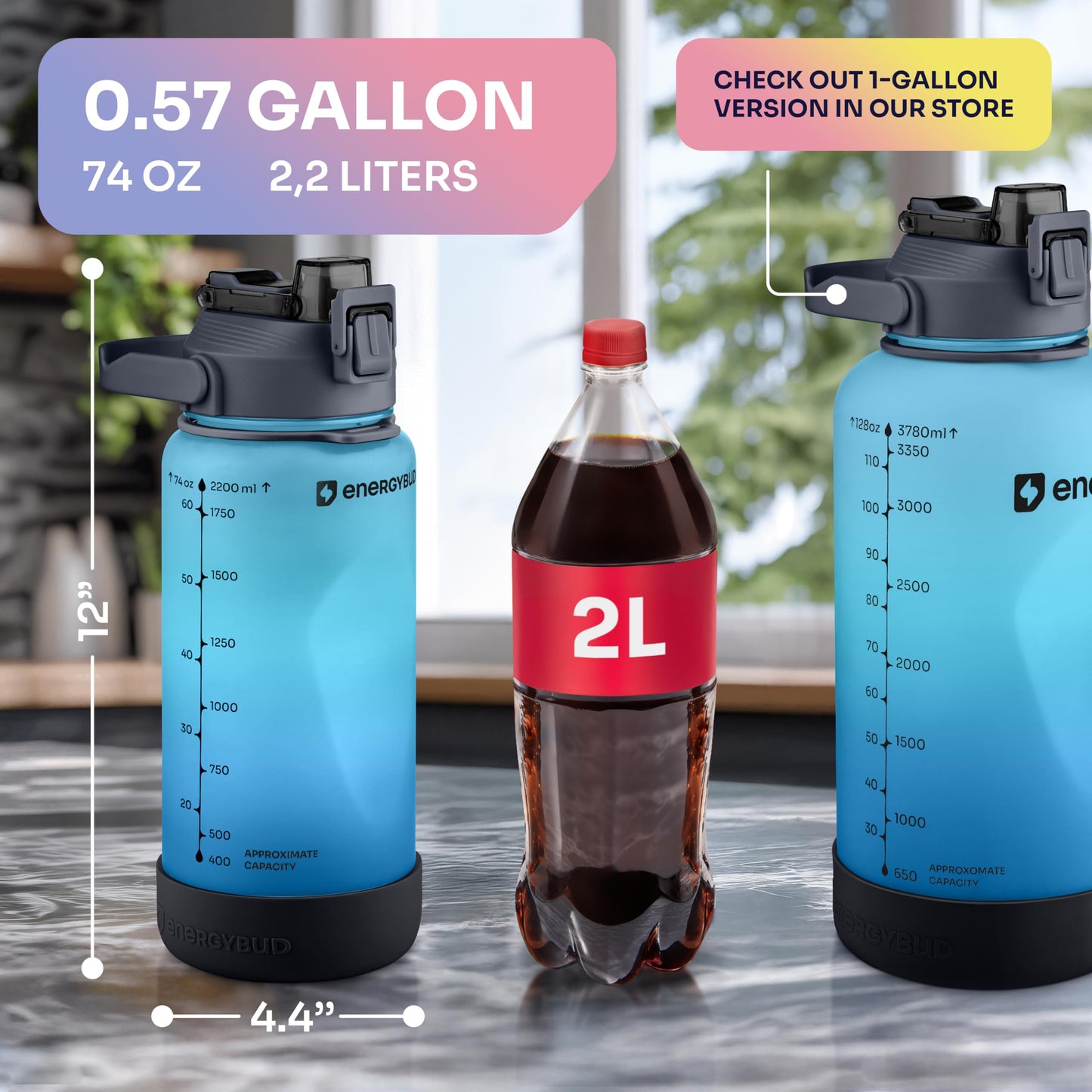 EnergyBud 1/2 Gallon Water Bottle with 74.3 oz Capacity - Motivational Time Markers for Daily Hydration Goals - Leakproof BPA Free Tritan with Removable Straw