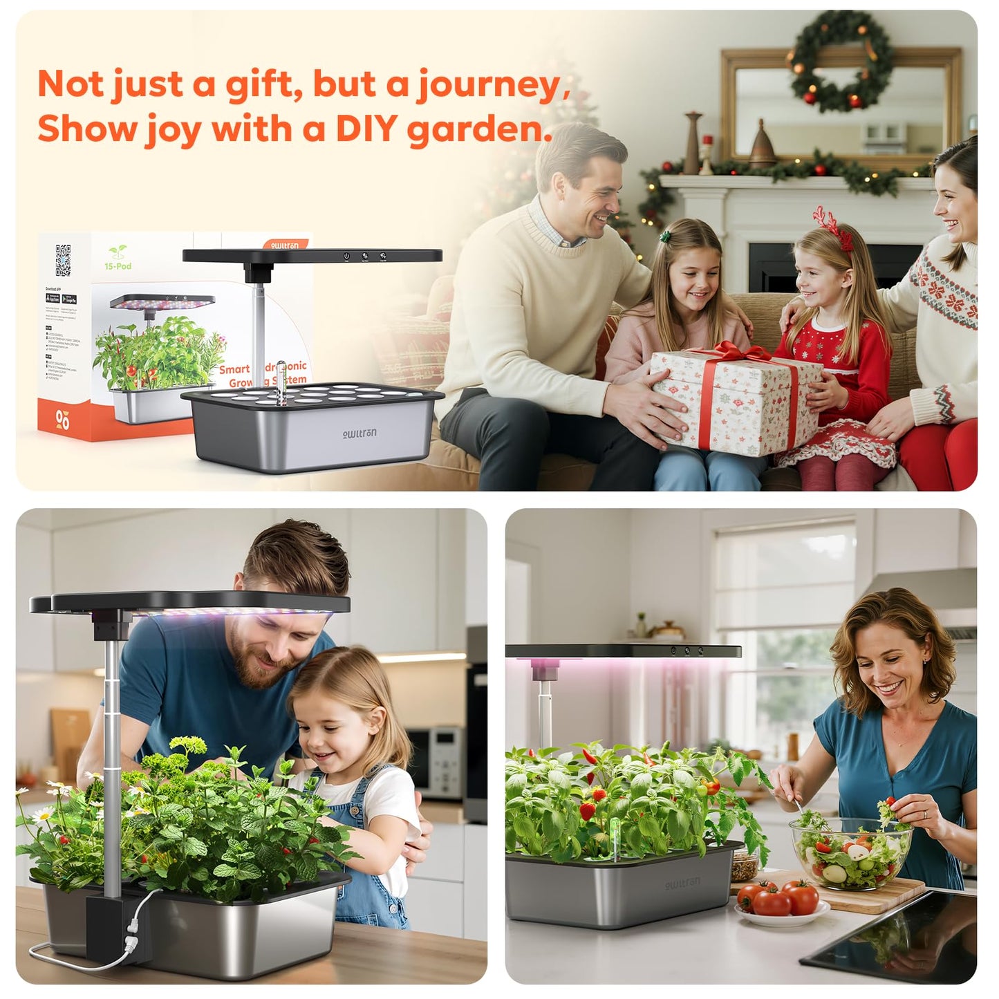 owltron Smart Hydroponics Growing System Kit,15 Pods Indoor Herb Garden with 36W LED Grow Light & APP Control, Planting Height Up to 30", Quiet Water Pump, Ideal Gift for All Ages Dark Silver