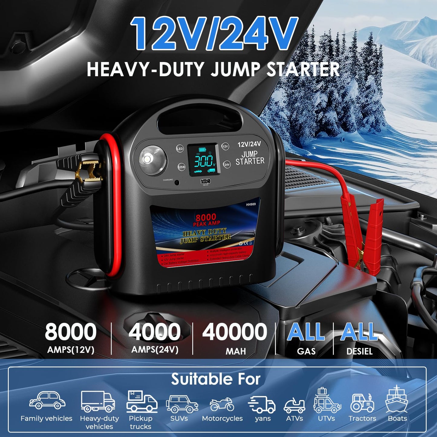 8000A 12V/24V Jump Starter for Large Gas & Diesel Engines, Heavy-Duty Portable Battery Booster Pack for Trucks, RVs & Commercial Vehicles with Force Start, Digital Display, LED Light & USB Charging