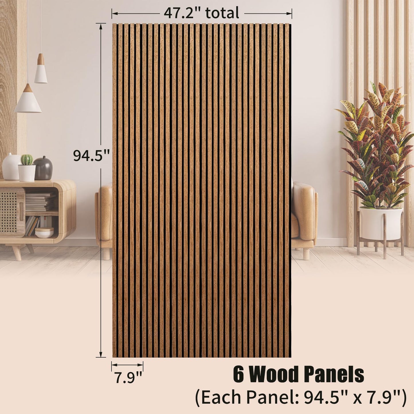 ZThrgran 6-Piece Wood Slat Acoustic Wall Panels, 94.5"x7.9" 3D Textured Accent Strips for Room Decor and Noise Reduction, Walnut