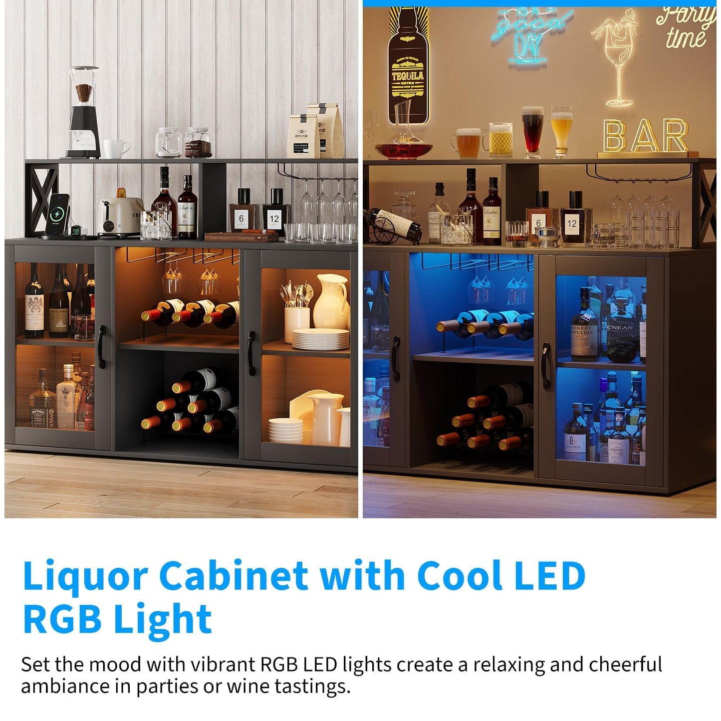 BouPower 47" Wine Cabinet with LED Light, Home Coffee Cabinet with Wine Rack and Glass Holder, Coffee Bar Buffet Sideboard Storage with Power Outlets, for Living Room, Dining Room, Black