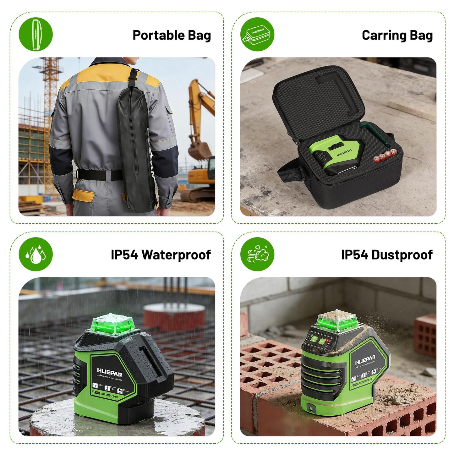 Laser Level with Tripod 60 Inch, Huepar Self Leveling Laser Level with 2 Plumb Dots -Green Cross Line Laser Leveler Tool with 360° Horizontal and 140° Vertical Line for Construction & Home Use 621CGT