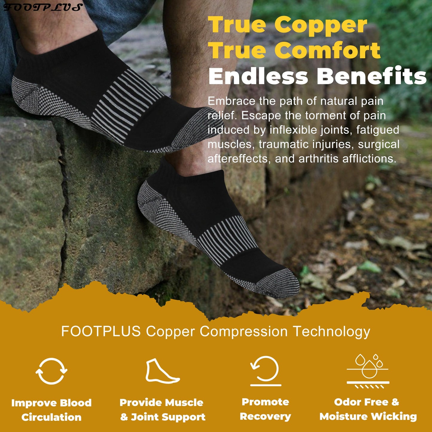 FOOTPLUS 6 Pairs Copper Running Socks,Men Women Thick Cushioned Low Cut Jogging Golf Tennis Arch Support Compression Marathon Athletic Sweat Ankle Yoga Gym Travel Socks,Black, L