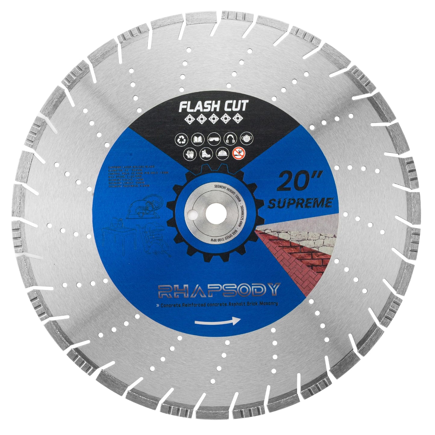 RHAPSODY 20 Inch Laser Welded Diamond Saw Blade, Segmented Supreme Diamond Blade All Purpose Dry/Wet Cutting Hard/Reinforced Concrete, Asphalt, Masonry,1" Arbor